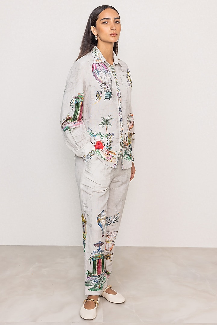 Grey Linen Viscose Printed Shirt by Ranna Gill at Pernia's Pop Up Shop