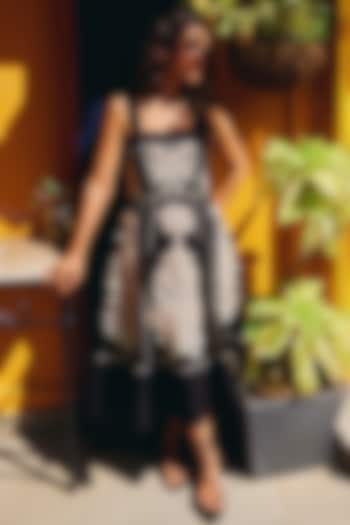 Black Viscose Linen Printed & Embroidered Midi Vacation Dress by Ranna Gill at Pernia's Pop Up Shop