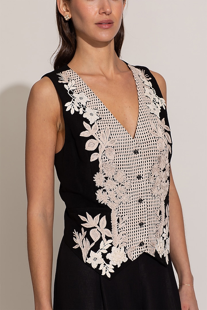 Black Viscose Linen Embroidered Waistcoat by Ranna Gill at Pernia's Pop Up Shop