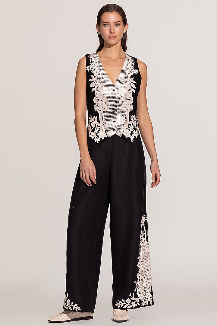 Black Viscose Linen Embroidered Waistcoat by Ranna Gill at Pernia's Pop Up Shop