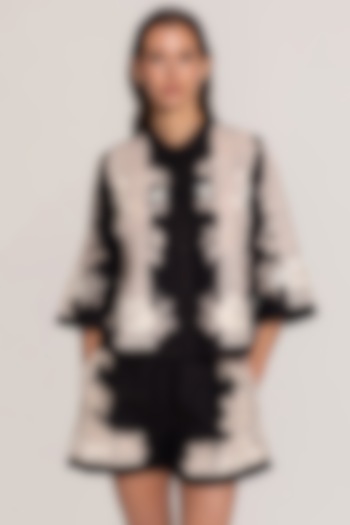 Black Viscose Linen Embroidered Shorts by Ranna Gill at Pernia's Pop Up Shop
