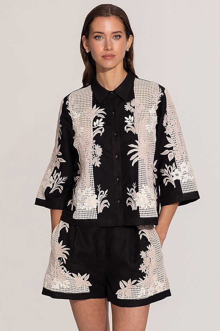 Black Viscose Linen Embroidered Shorts by Ranna Gill at Pernia's Pop Up Shop