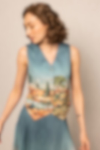 Teal Blue Poly Satin Printed Waistcoat by Ranna Gill at Pernia's Pop Up Shop