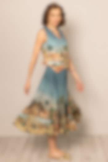 Teal Blue Poly Satin Printed Skirt by Ranna Gill at Pernia's Pop Up Shop