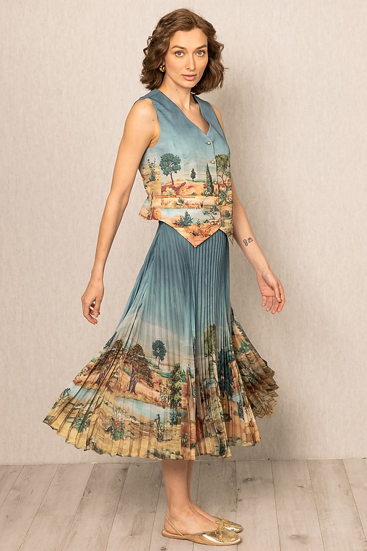 Teal Blue Poly Satin Printed Skirt by Ranna Gill at Pernia's Pop Up Shop