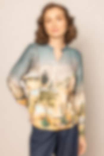 Teal Blue China Crinkle Printed Waistcoat by Ranna Gill at Pernia's Pop Up Shop