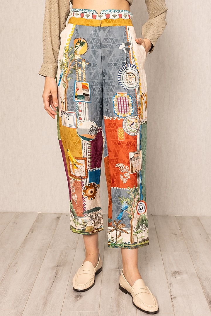 Multi-Colored Linen Viscose Pleated Pants by Ranna Gill at Pernia's Pop Up Shop