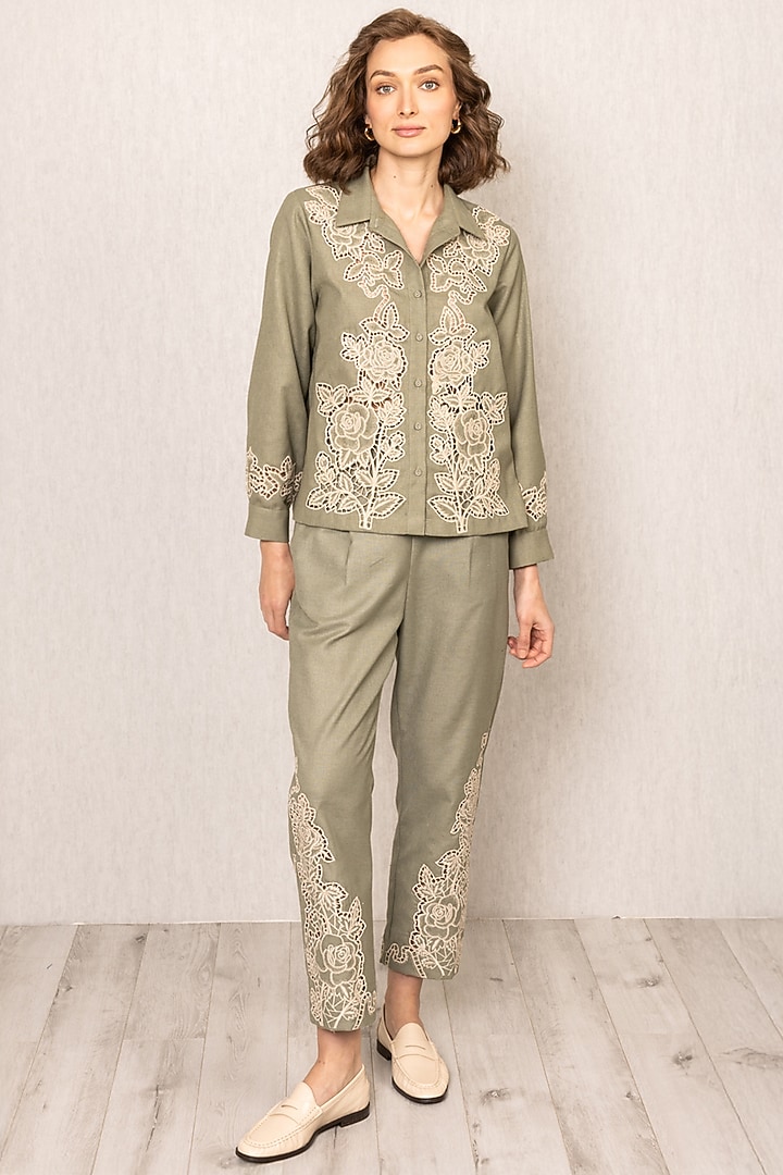 Sage Green Poly Flex Embroidered Pants by Ranna Gill at Pernia's Pop Up Shop
