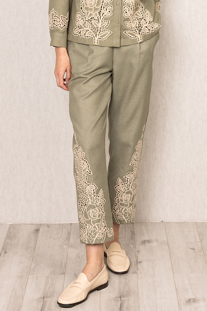 Sage Green Poly Flex Schiffli Embroidered Pants by Ranna Gill at Pernia's Pop Up Shop