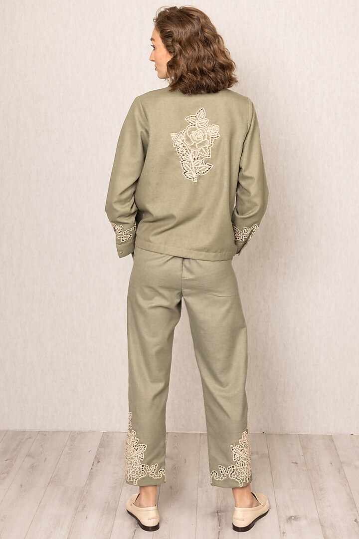 Sage Green Poly Flex Schiffli Embroidered Pants by Ranna Gill at Pernia's Pop Up Shop