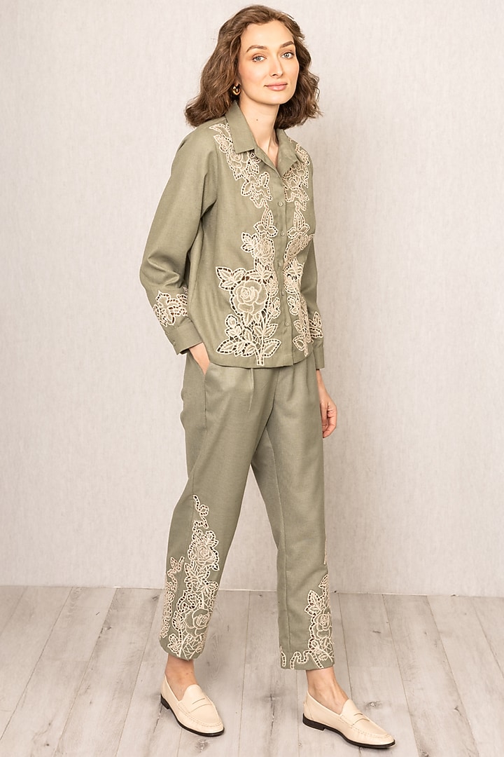 Sage Green Poly Flex Schiffli Embroidered Pants by Ranna Gill at Pernia's Pop Up Shop