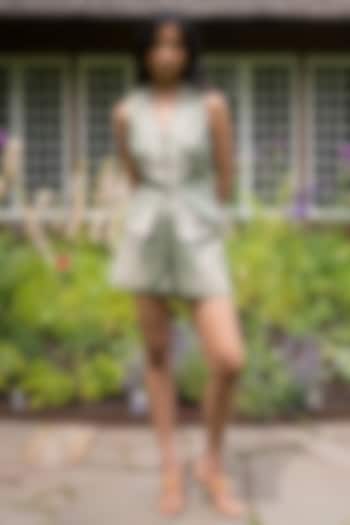 Sage Green Poly Flex Embroidered Shorts by Ranna Gill at Pernia's Pop Up Shop