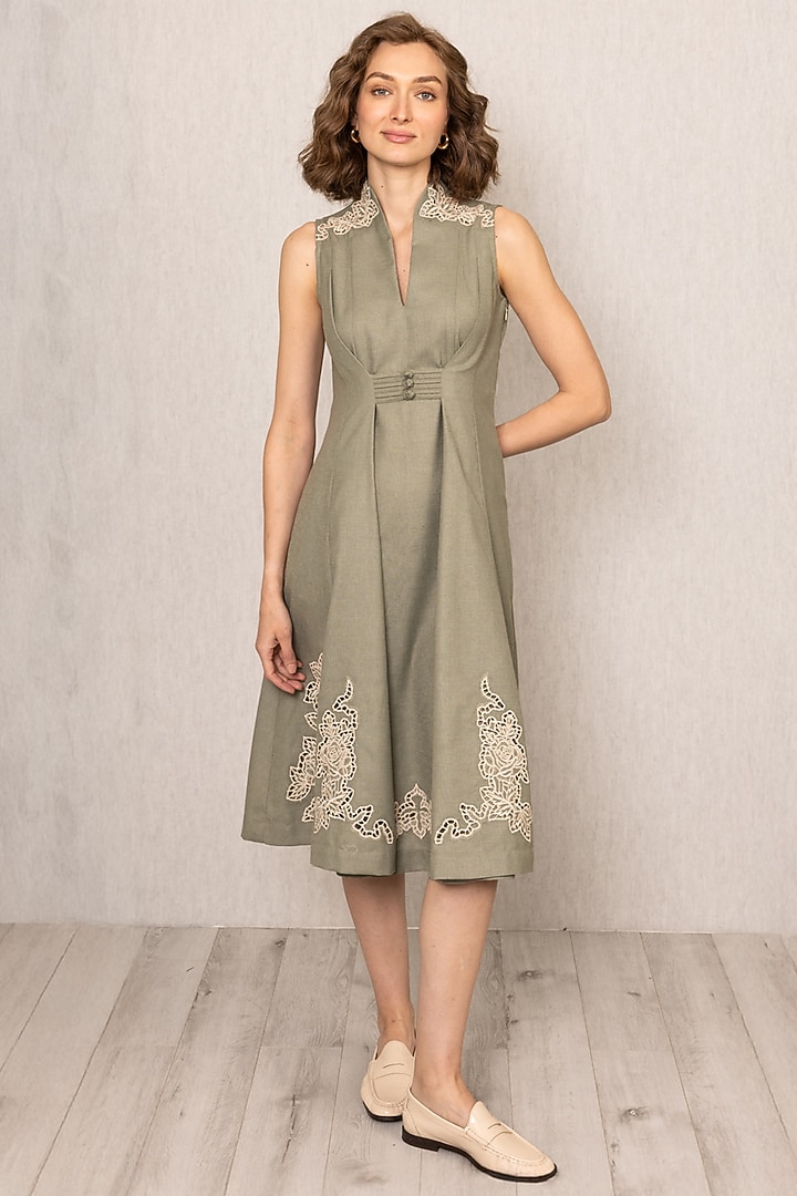 Sage Green Poly Flex Printed Midi Vacation Dress by Ranna Gill at Pernia's Pop Up Shop