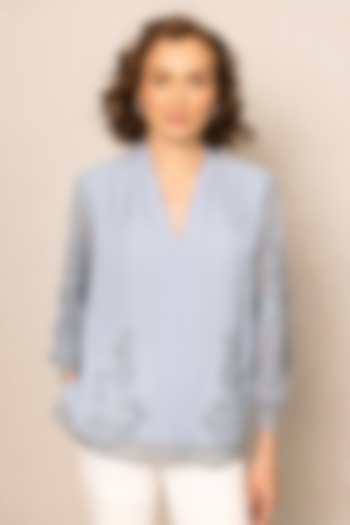 Blue China Georgette Embroidered Top by Ranna Gill at Pernia's Pop Up Shop