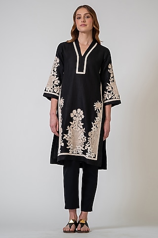 Black Viscose Linen Printed & Embroidered Tunic by Ranna Gill
