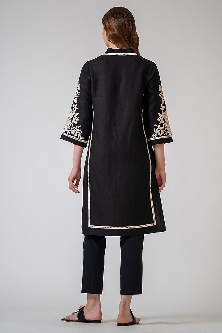 Black Viscose Linen Printed & Embroidered Tunic by Ranna Gill at Pernia's Pop Up Shop