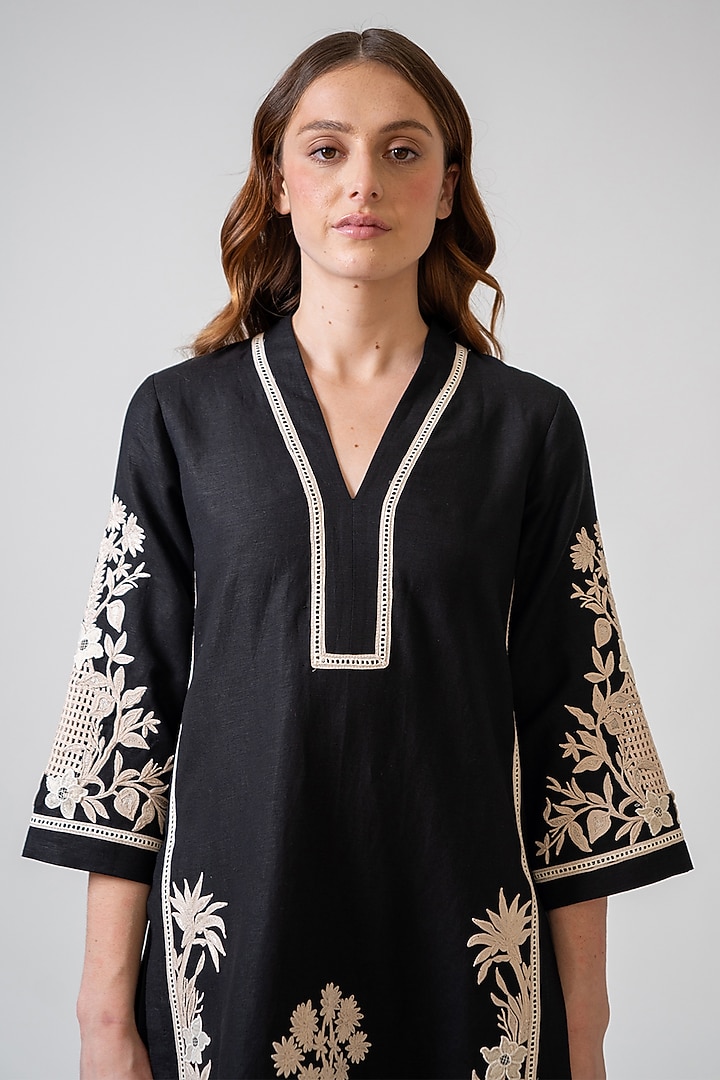 Black Viscose Linen Printed & Embroidered Tunic by Ranna Gill at Pernia's Pop Up Shop
