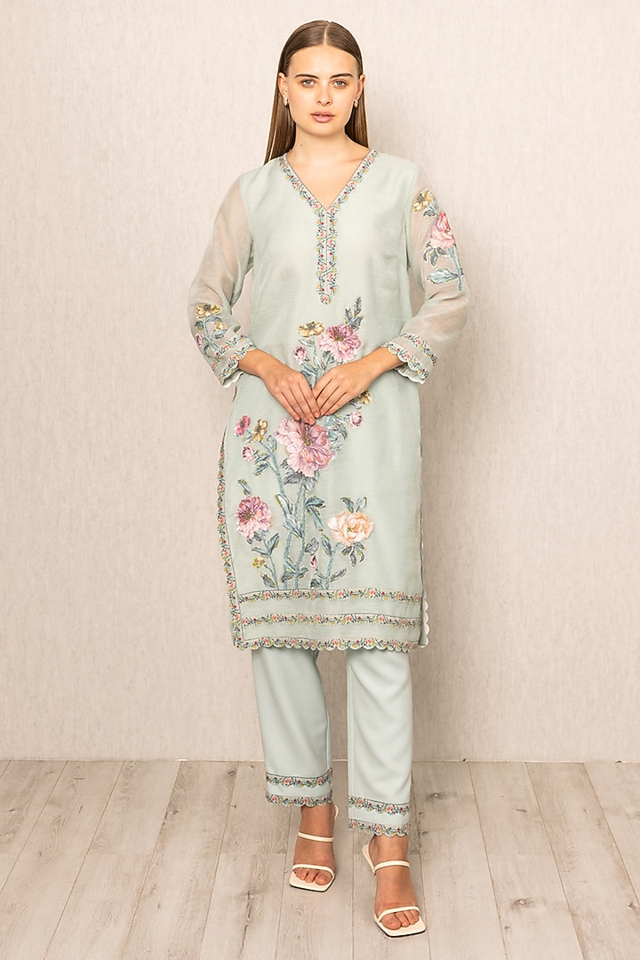 Sage Green Dhaka Linen Embroidered Tunic Set by Ranna Gill at Pernia's Pop Up Shop