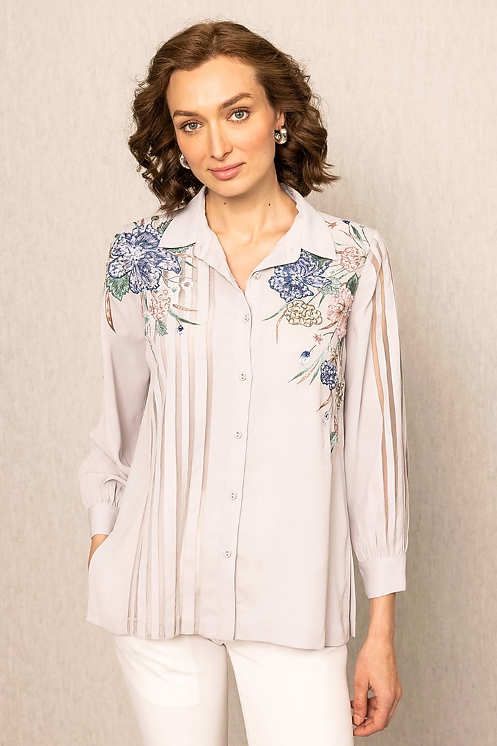 Light Grey China Georgette Embroidered Top by Ranna Gill at Pernia's Pop Up Shop