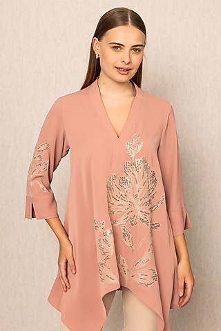 Dusty Peach China Crepe Embroidered Top by Ranna Gill
