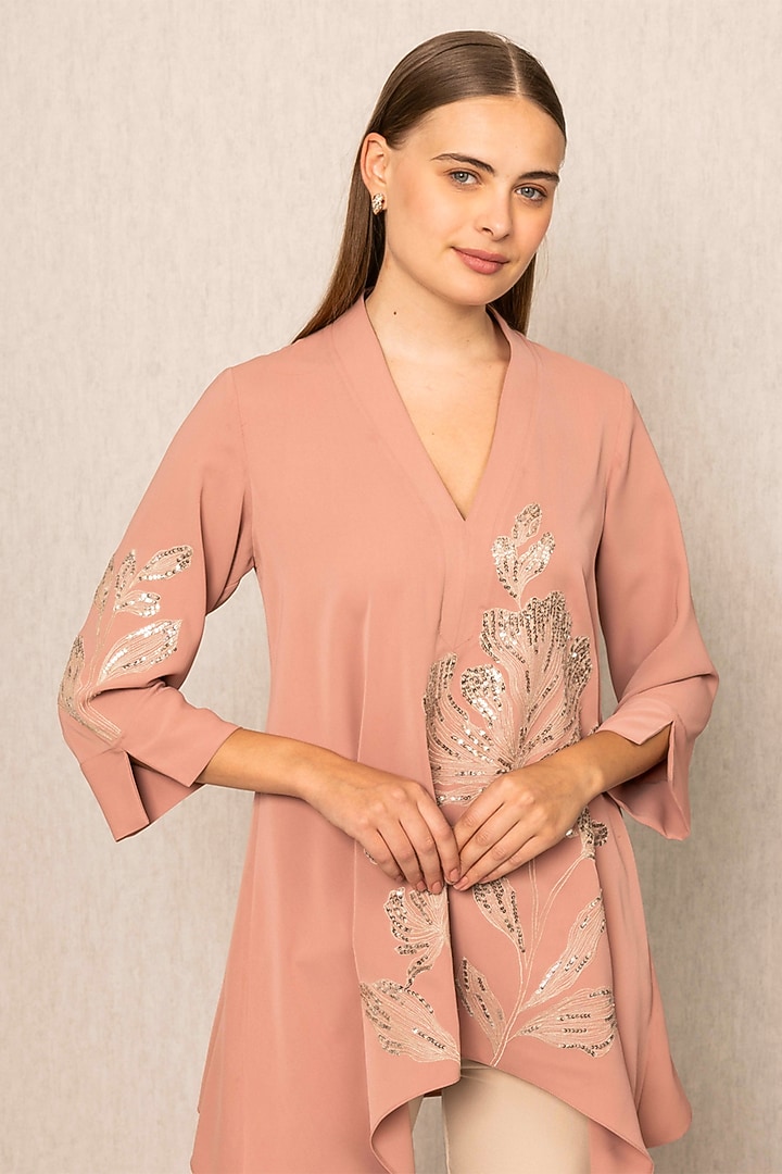 Dusty Peach China Crepe Embroidered Top by Ranna Gill at Pernia's Pop Up Shop