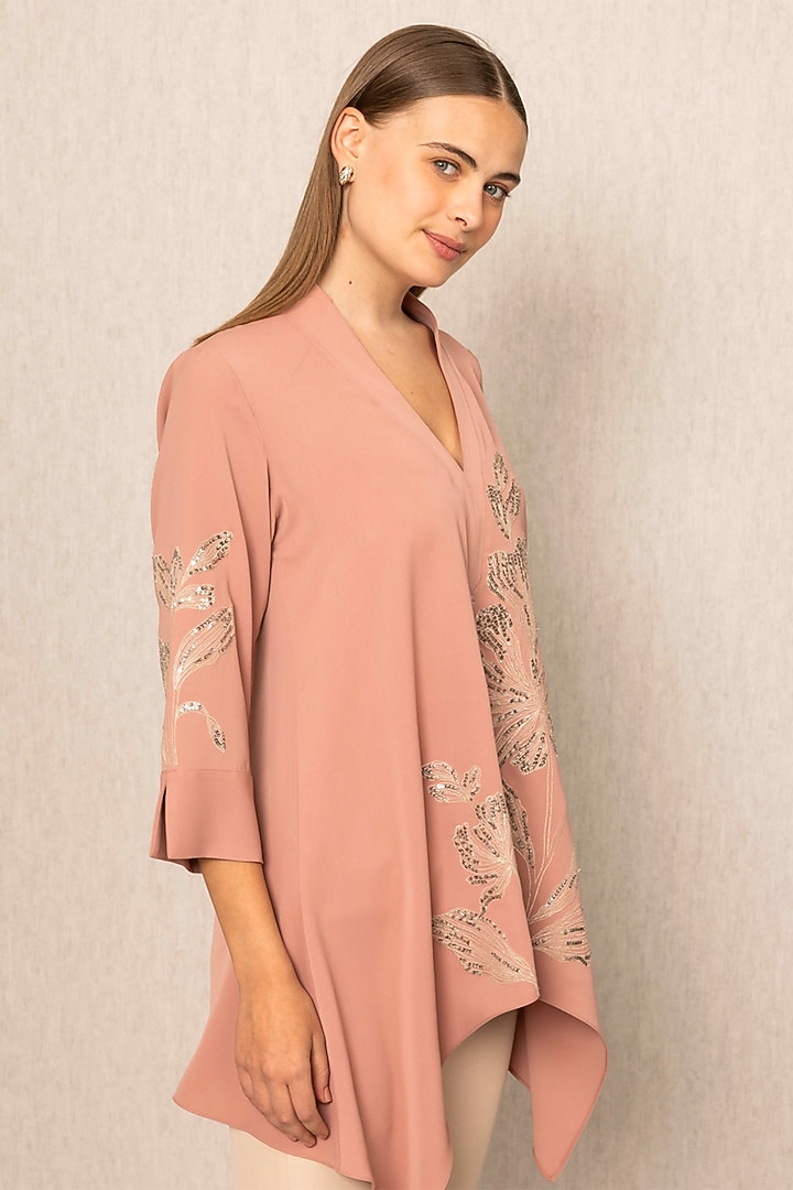Dusty Peach China Crepe Embroidered Top by Ranna Gill at Pernia's Pop Up Shop