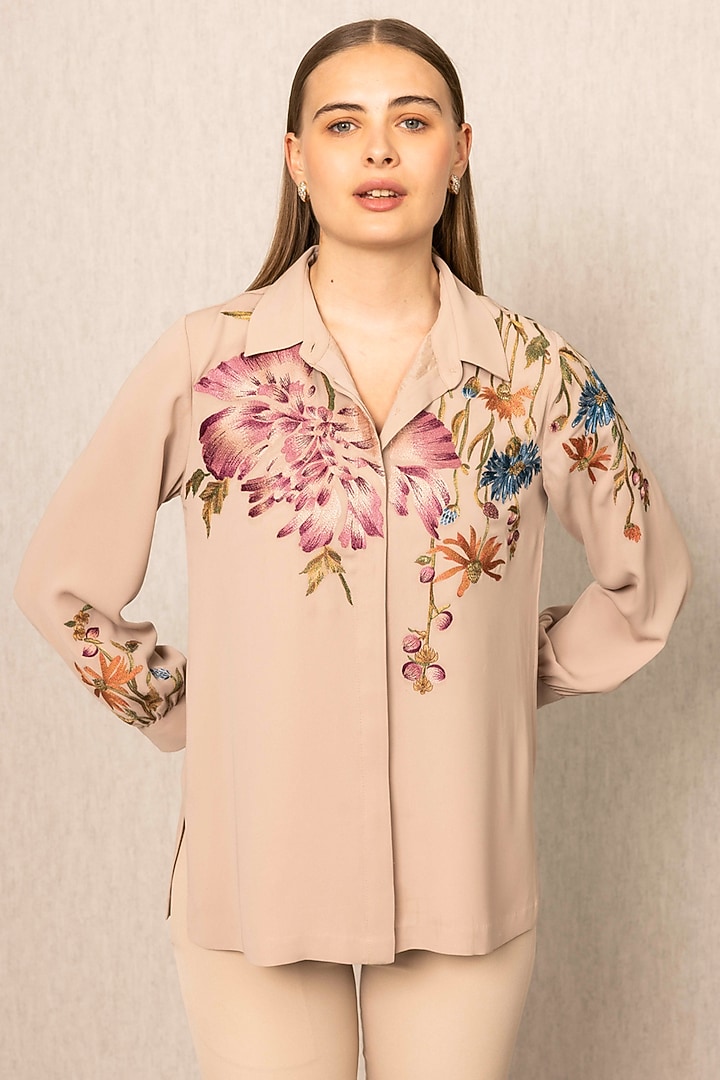 Beige Chine Georgette Embroidered Top by Ranna Gill at Pernia's Pop Up Shop