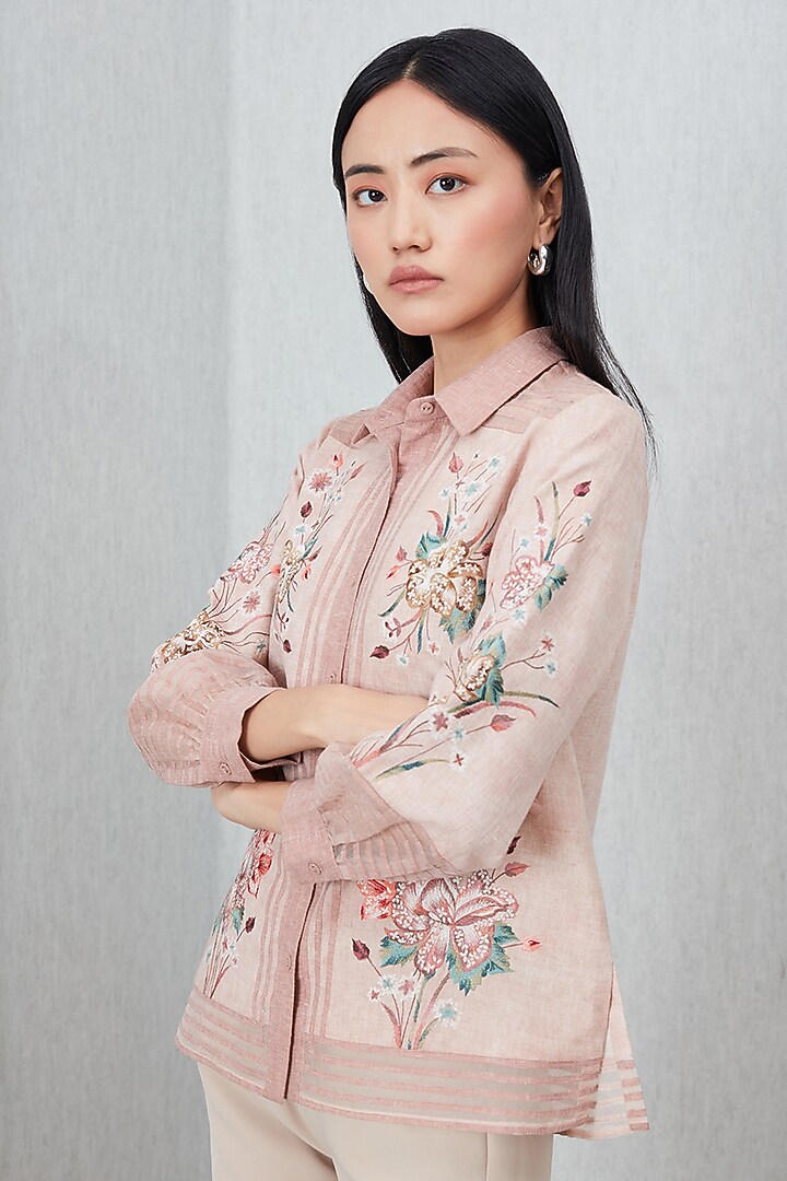 Peach Poly Flex Embroidered Shirt by Ranna Gill at Pernia's Pop Up Shop