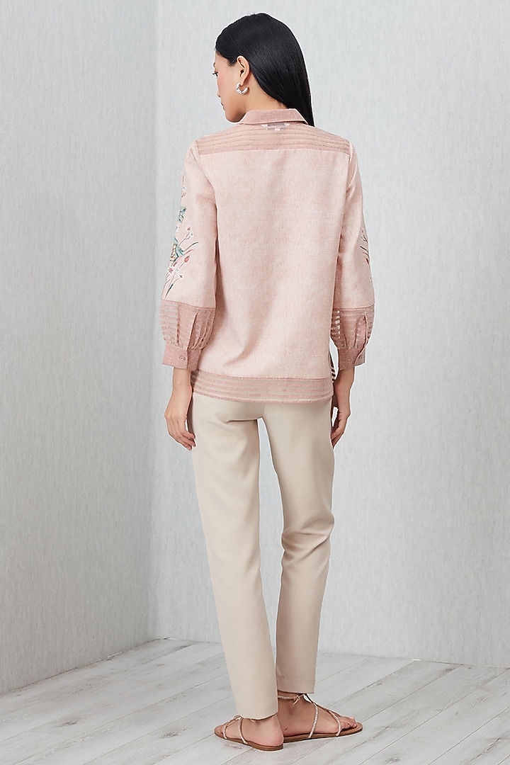Peach Poly Flex Embroidered Shirt by Ranna Gill at Pernia's Pop Up Shop