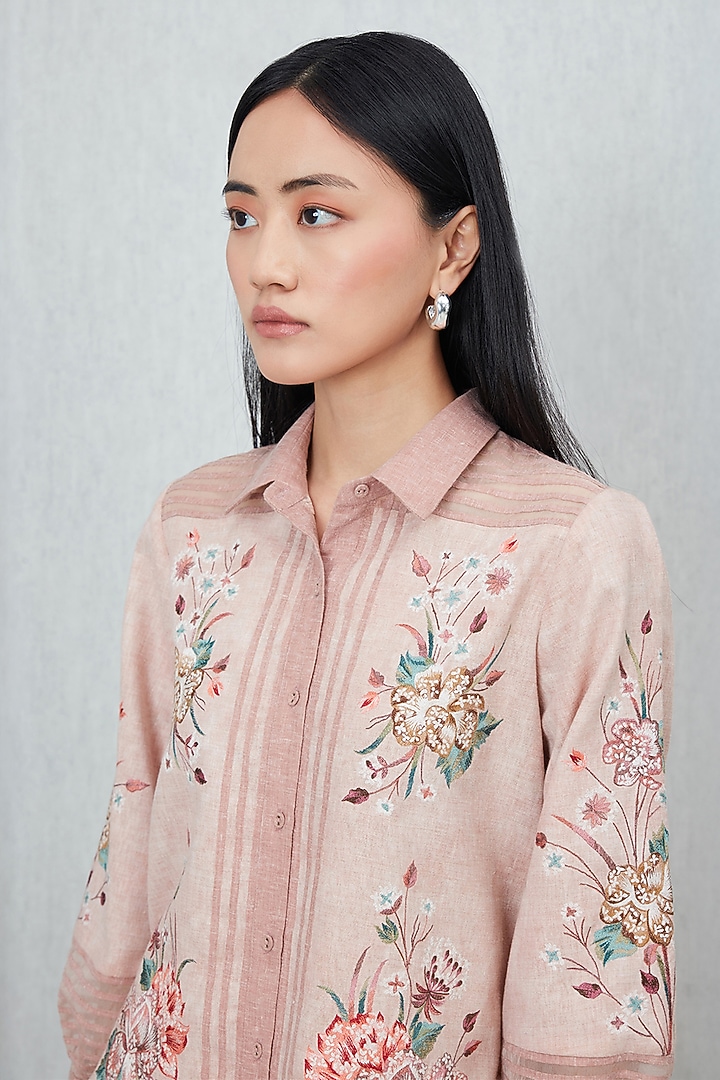 Peach Poly Flex Embroidered Shirt by Ranna Gill at Pernia's Pop Up Shop