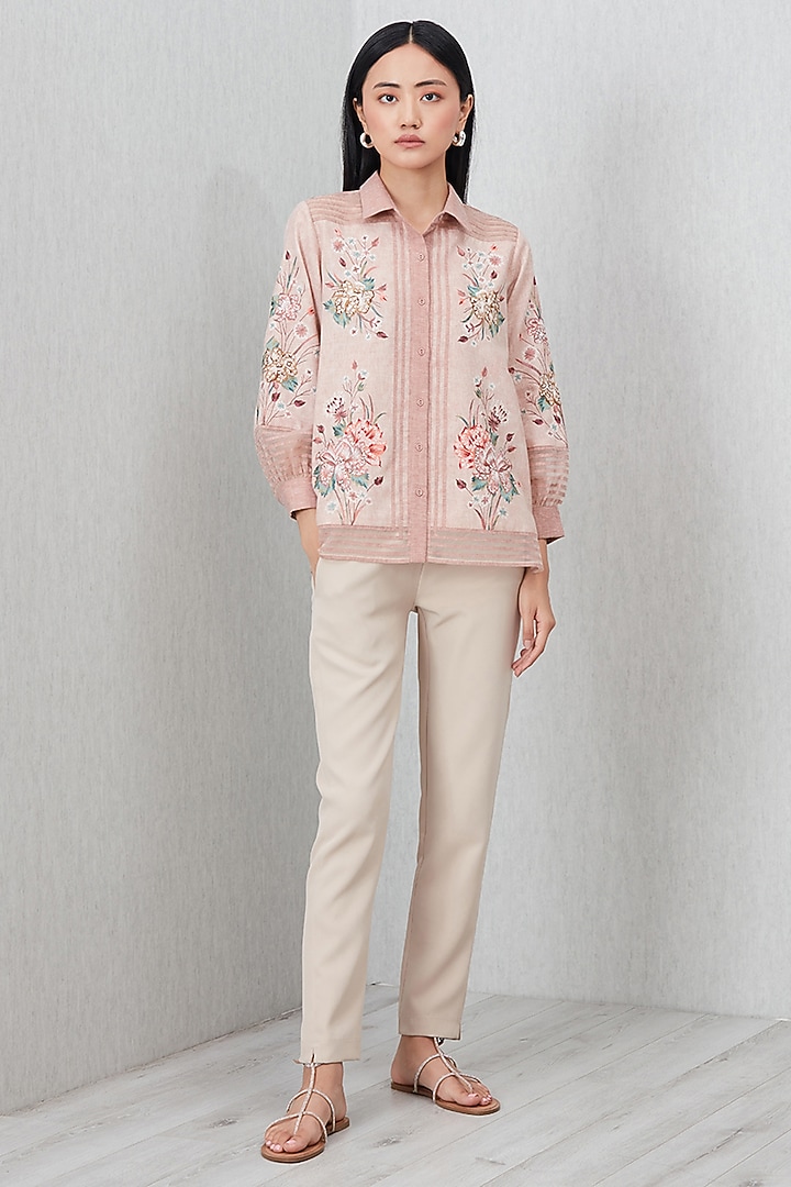 Peach Poly Flex Embroidered Shirt by Ranna Gill at Pernia's Pop Up Shop