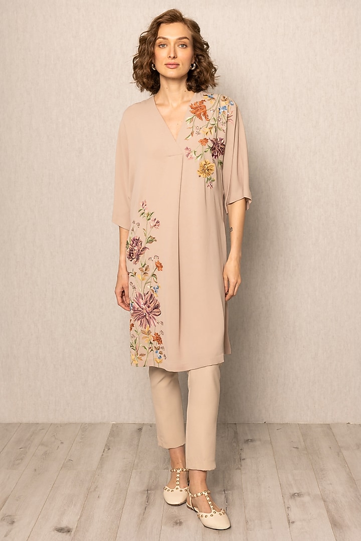 Beige Chine Georgette Embroidered Tunic Set by Ranna Gill at Pernia's Pop Up Shop