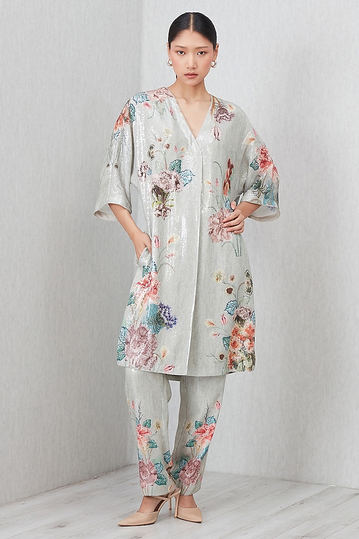 Light Sage Green Poly Sequin Embroidered Tunic Set by Ranna Gill at Pernia's Pop Up Shop