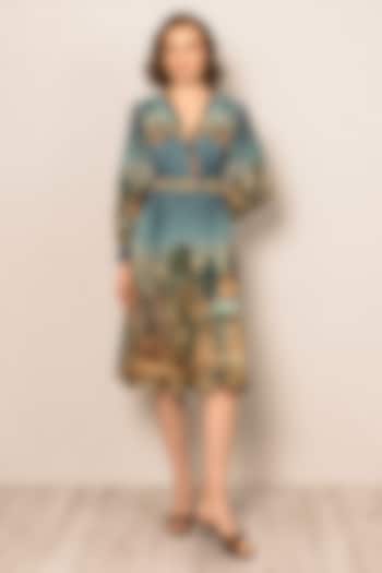 Teal Blue Poly Chiffon Printed Vacation Dress by Ranna Gill at Pernia's Pop Up Shop