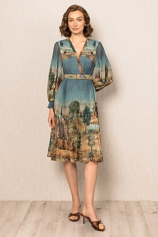Teal Blue Poly Chiffon Printed Dress by Ranna Gill