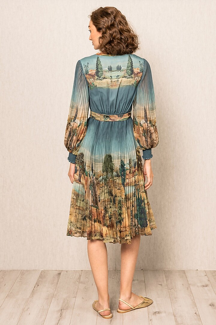 Teal Blue Poly Chiffon Printed Vacation Dress by Ranna Gill at Pernia's Pop Up Shop