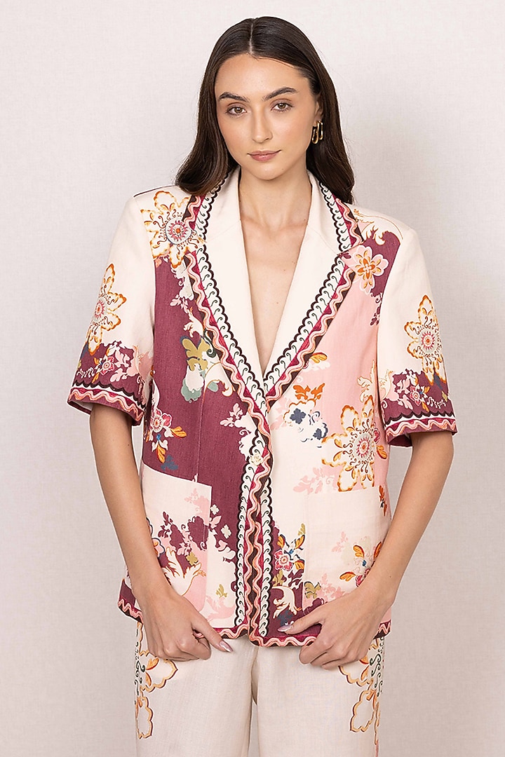 Multi Coloured Linen Viscose Printed Jacket by Ranna Gill at Pernia's Pop Up Shop