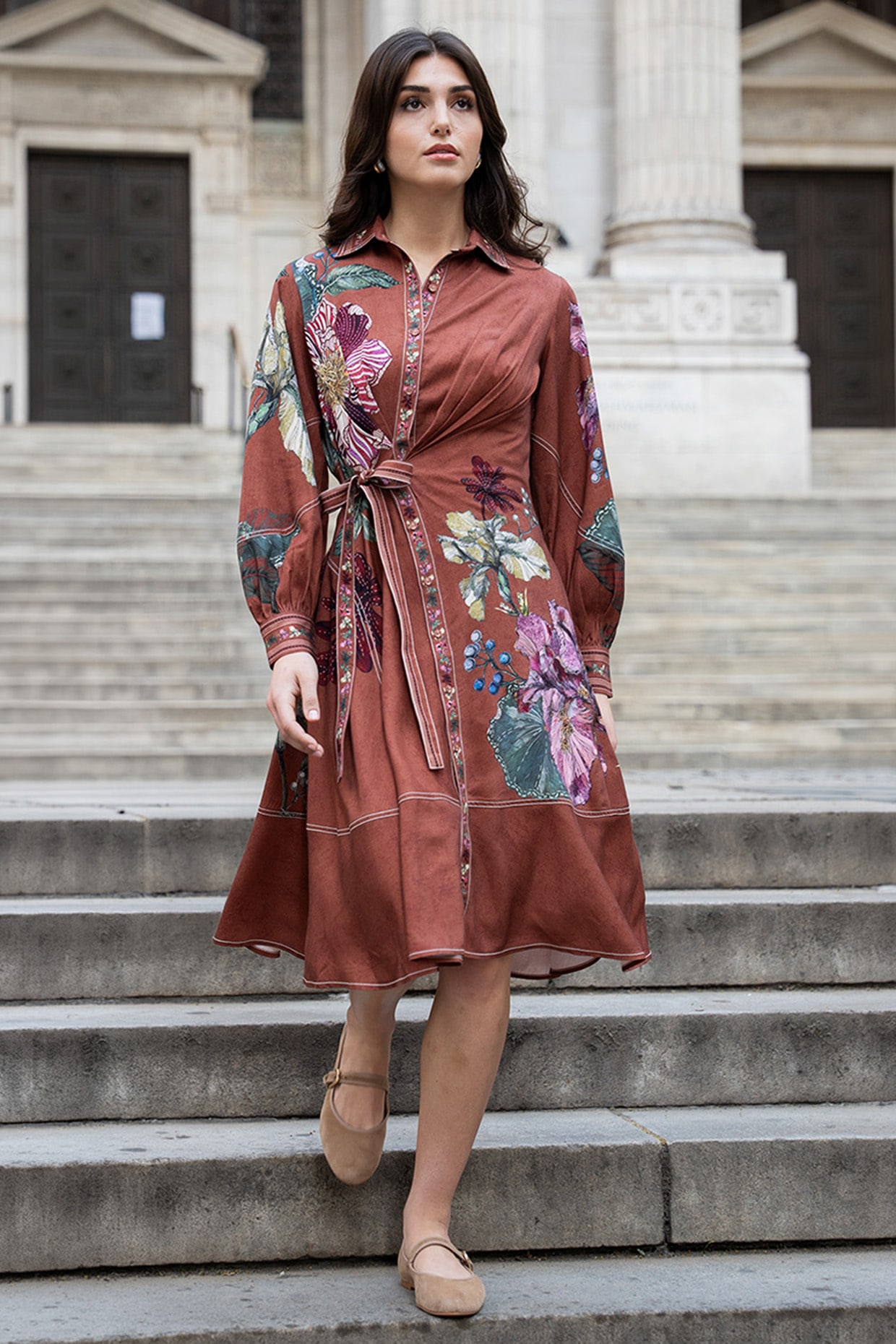 Ranna Gill Rust Red Tencel Twill Printed Midi Dress