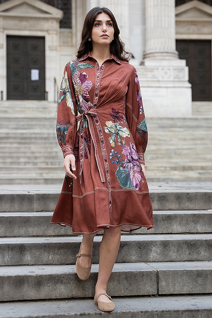 Rust Red Tencel Twill Printed Midi Vacation Dress by Ranna Gill at Pernia's Pop Up Shop