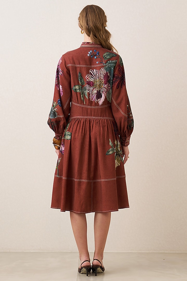 Rust Red Tencel Twill Printed Midi Vacation Dress by Ranna Gill at Pernia's Pop Up Shop