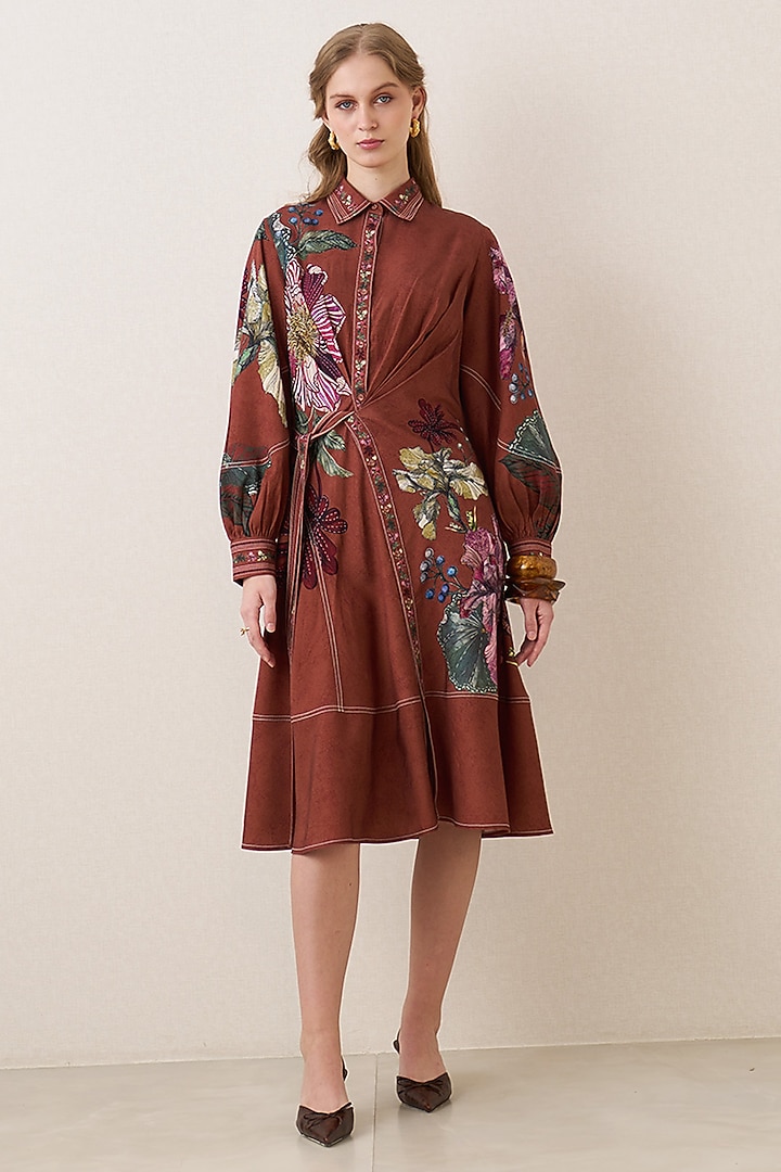 Rust Red Tencel Twill Printed Midi Vacation Dress by Ranna Gill at Pernia's Pop Up Shop