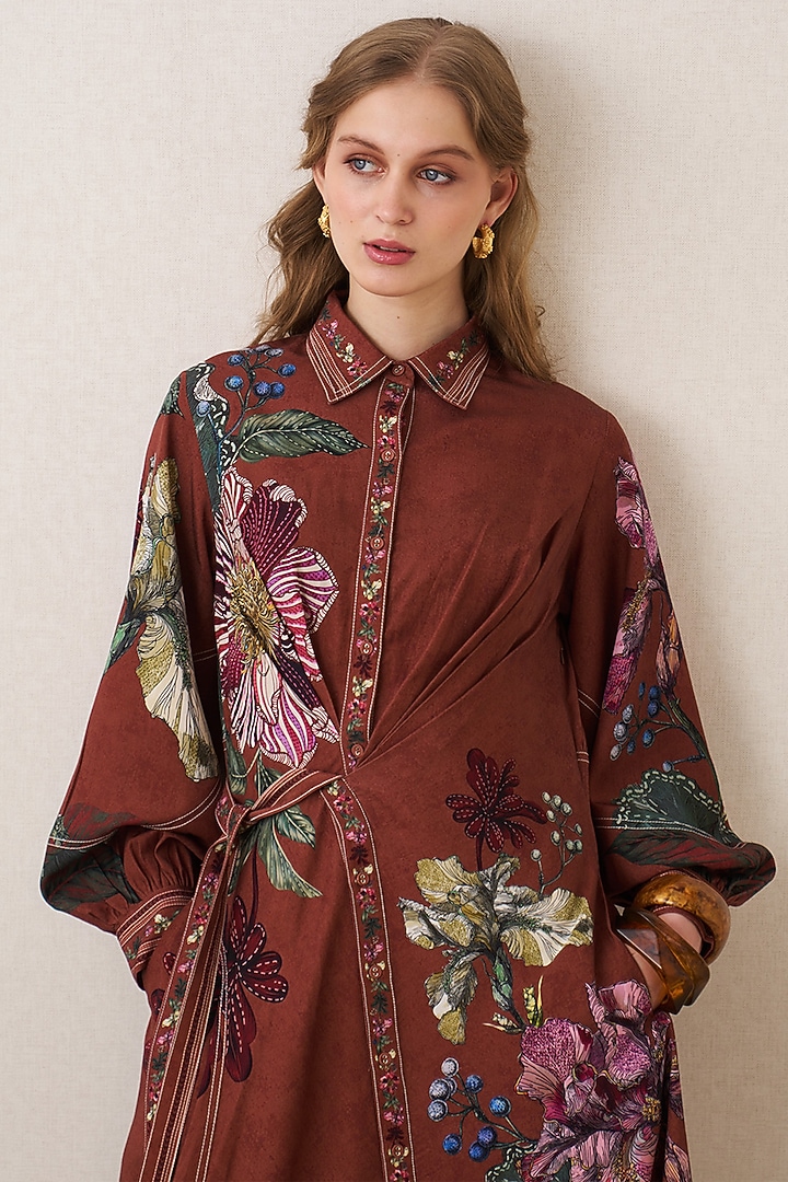 Rust Red Tencel Twill Printed Midi Vacation Dress by Ranna Gill at Pernia's Pop Up Shop