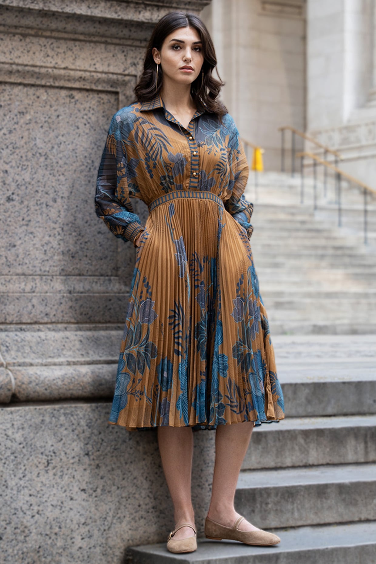 Ranna Gill Mustard Poly Chiffon Printed Pleated Midi Dress