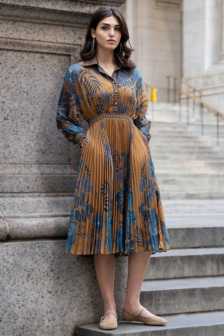 Mustard Poly Chiffon Printed Pleated Midi Vacation Dress by Ranna Gill at Pernia's Pop Up Shop