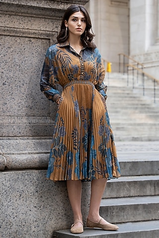 Mustard Poly Chiffon Printed Pleated Midi Dress by Ranna Gill