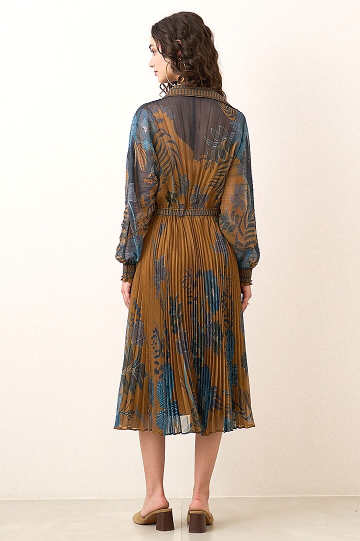 Mustard Poly Chiffon Printed Pleated Midi Vacation Dress by Ranna Gill at Pernia's Pop Up Shop