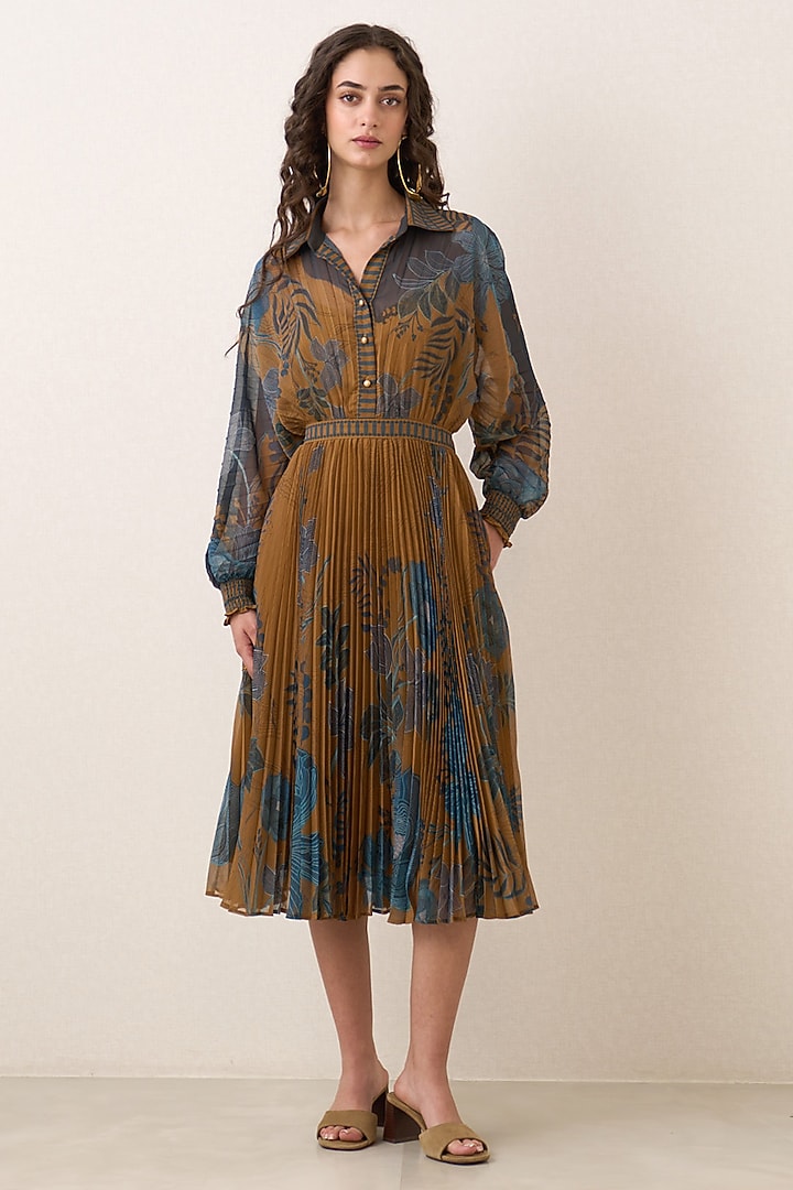 Mustard Poly Chiffon Printed Pleated Midi Vacation Dress by Ranna Gill at Pernia's Pop Up Shop