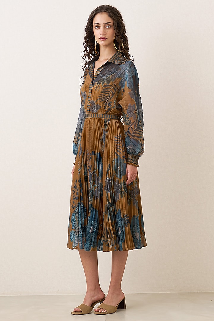 Mustard Poly Chiffon Printed Pleated Midi Vacation Dress by Ranna Gill at Pernia's Pop Up Shop