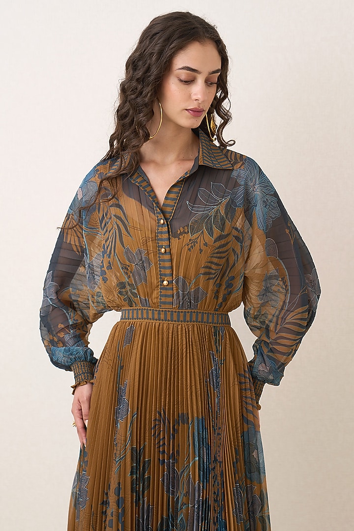 Mustard Poly Chiffon Printed Pleated Midi Vacation Dress by Ranna Gill at Pernia's Pop Up Shop
