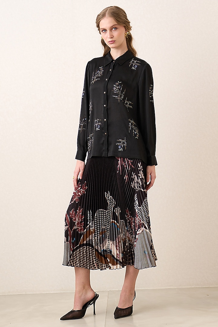 Black Crinkle Chiffon Printed Shirt by Ranna Gill at Pernia's Pop Up Shop
